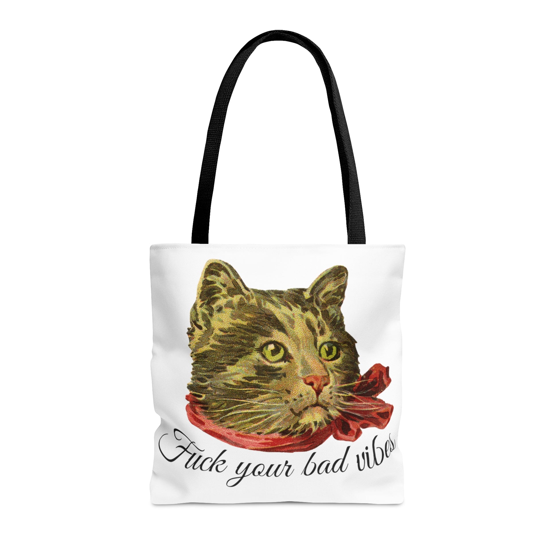 tote bag featuring the phrase "Fuck Your Bad Vibes" in elegant cursive beneath a charming vintage graphic of a stylish cat sporting a scarf