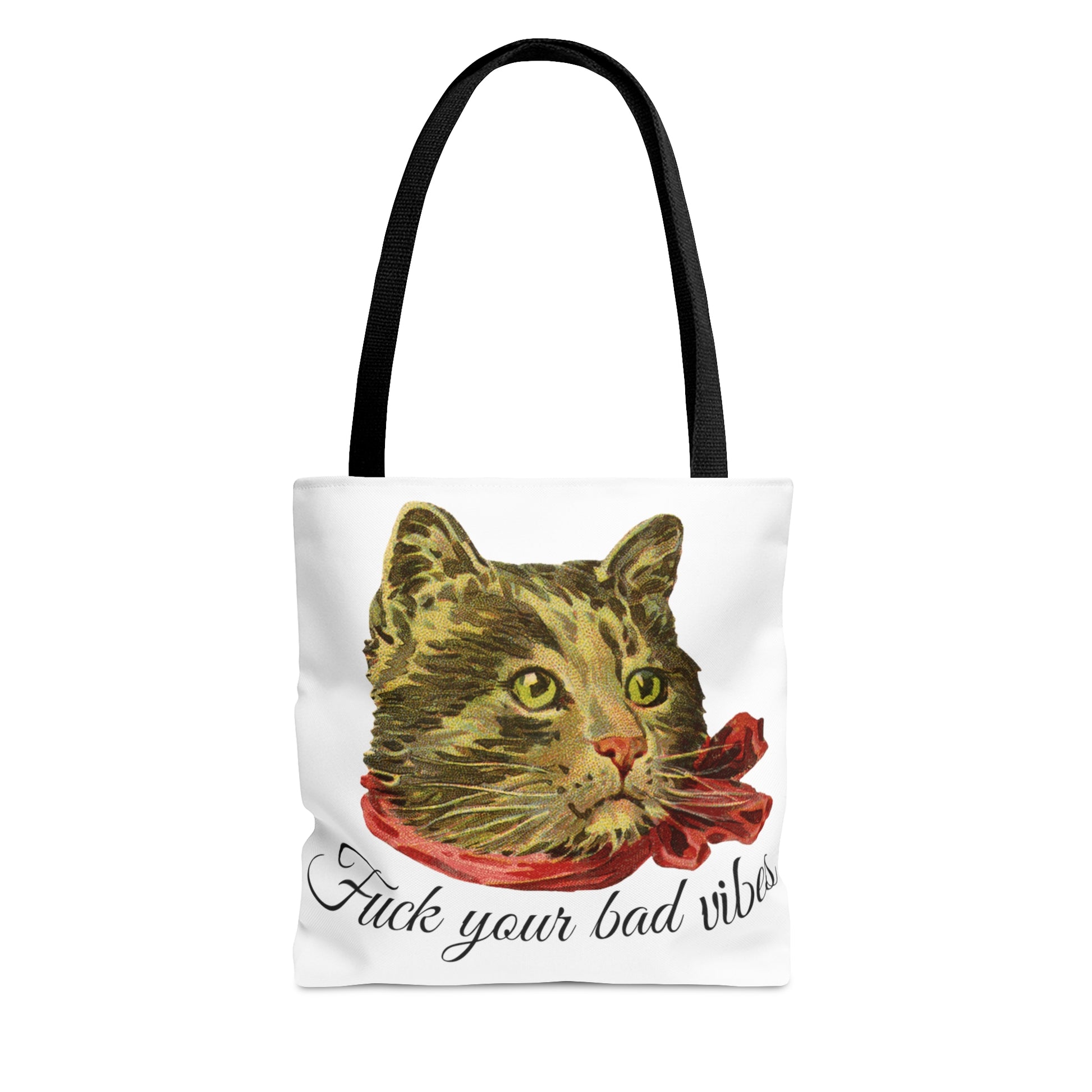 tote bag featuring the phrase "Fuck Your Bad Vibes" in elegant cursive beneath a charming vintage graphic of a stylish cat sporting a scarf