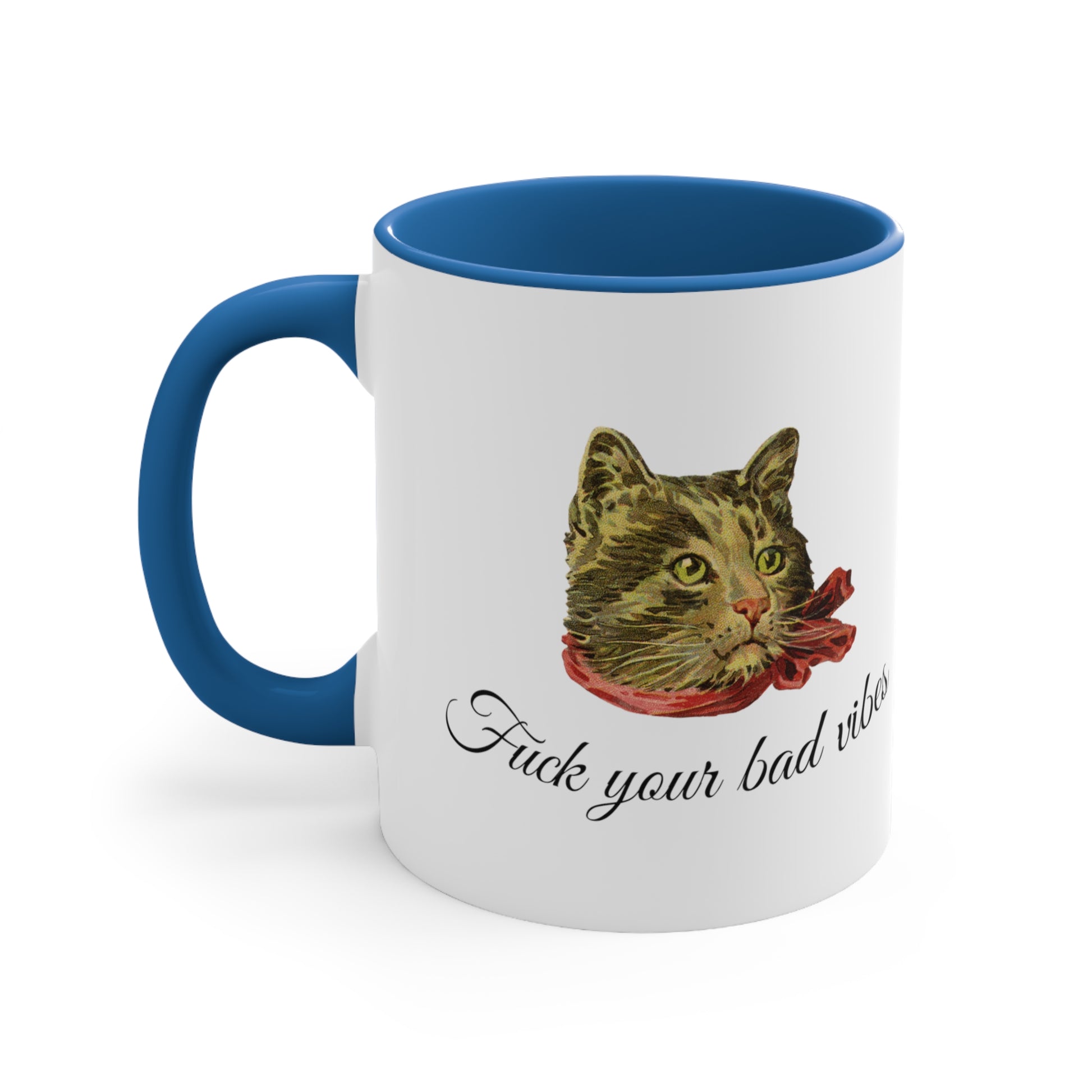 white and light blue mug featuring the phrase "Fuck Your Bad Vibes" in elegant cursive beneath a charming vintage graphic of a stylish cat sporting a scarf